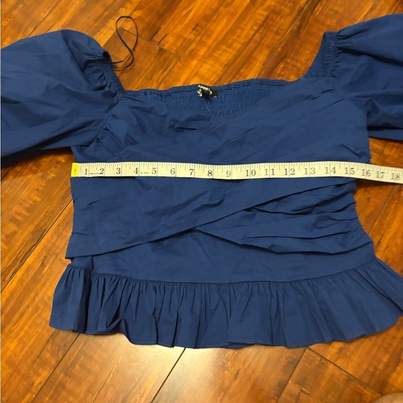 Express Blue Puff Sleeve Peplum Blouse Smocked Ruffle Hem Draped Front Top large - Picture 9 of 13